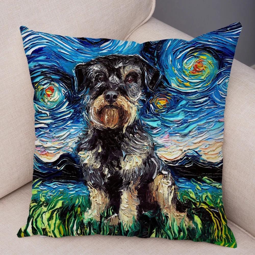 Colorful Oil Painting Pet Animal Pillowcase Starry Sky Art Cartoon Dog Cushion Cover Decorative Sofa