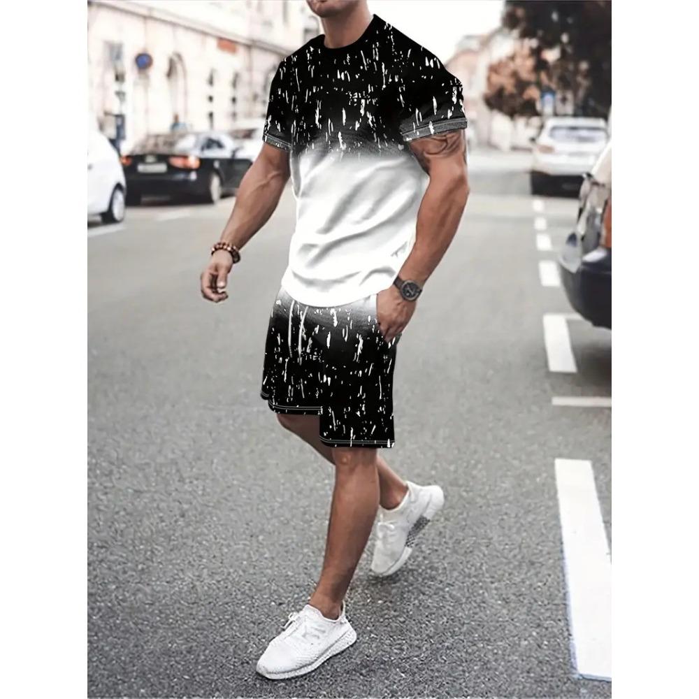 Men's Summer Sports Plus Size 2-piece Set Striped Design Loose Breathable Fashionable Colorful 3D Print Sports Wear