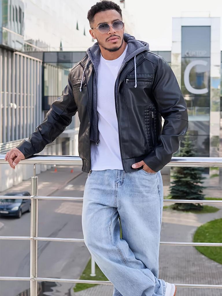 Men's Winter Plus Size PU Leather Jacket with Detachable Hood - Fleece-Lined Motorcycle Coat, European & American Style