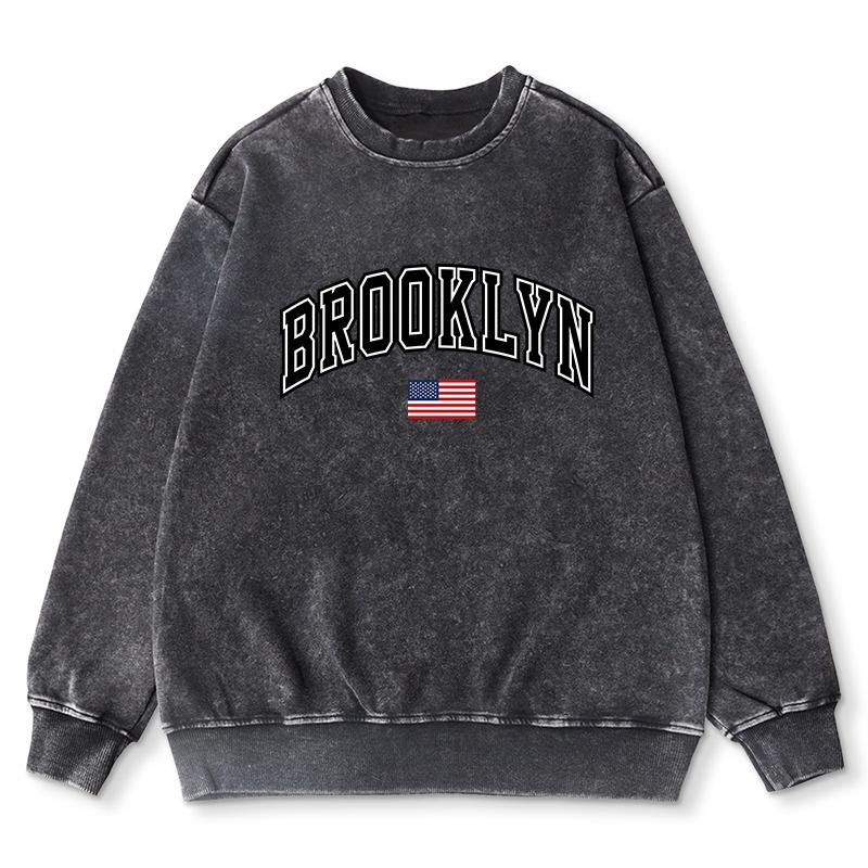 

Бруклин Принт Флага США Выстиранные Потертые Толстовки Женская Мода Мягкий Хлопок Худи Осенний Тонкий стиль Топы S