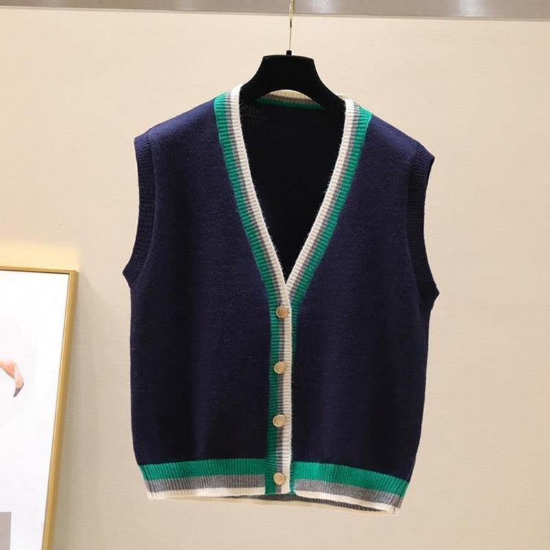 Color Blocking V-neck Knitted Vest Women's Trendy Fashion Autumn and Winter College Style Cardigan Sweater Jacket