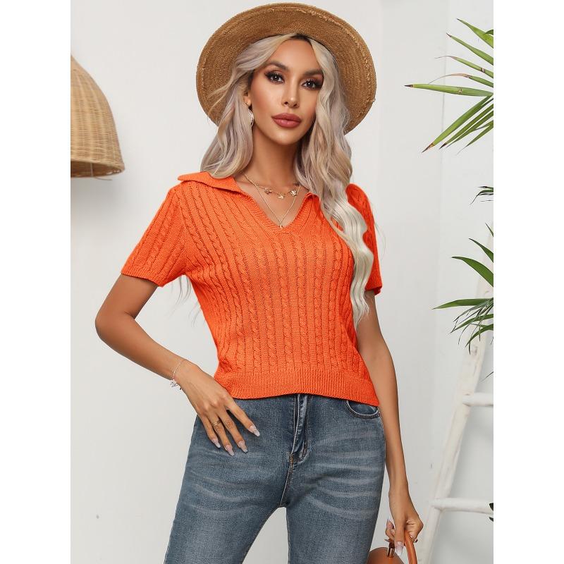 Twisted Lapel Short-sleeved Knit Sweater Women's Stranded Short Tops Summer Cross-border Women's Clothing