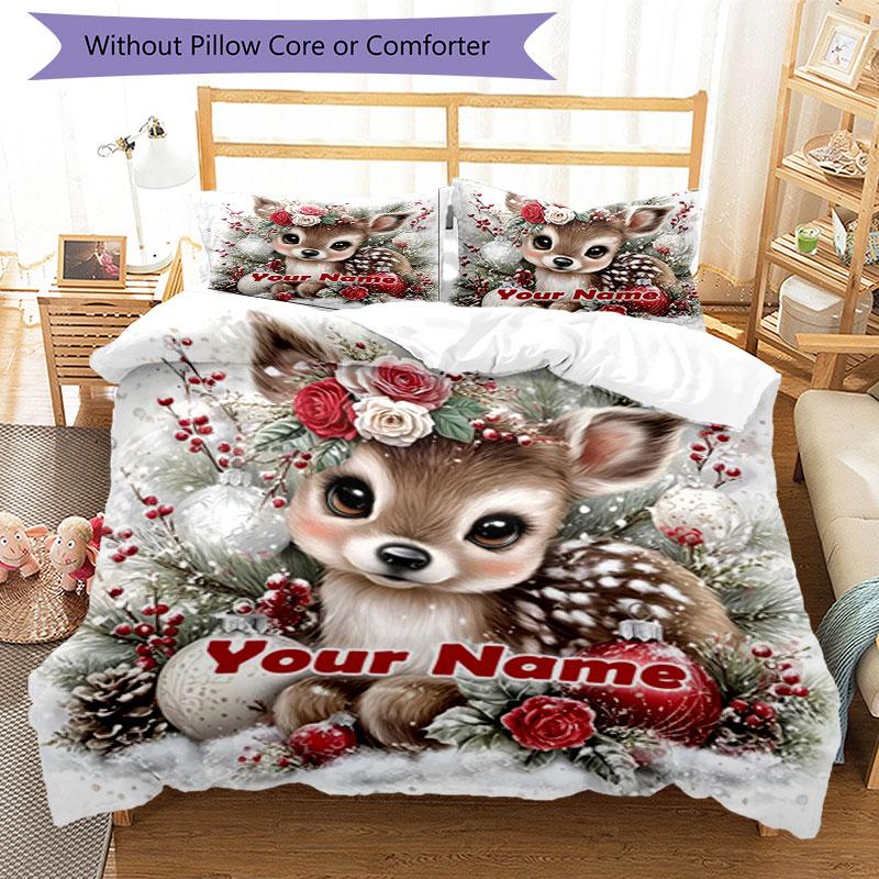 3PC Custom Name Winter Deer Flowers Bedding Set Printed Bedding Set Duvet Cover Closure Includes 1 Duvet Cover & 2 Pillowcases for All Seasons Bedroom