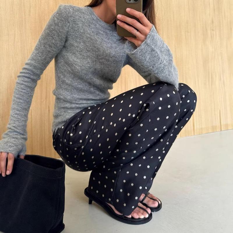 Women Elastic Waist Polka Dot Wide Leg Pants Casual Satin Trousers
