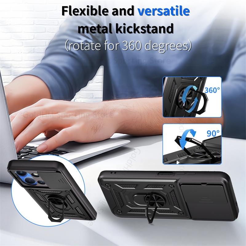 Armor Shockrpoof Hybrid Heavy Duty Phone Case For Xiaomi Redmi 15C 14C 13C Magnetic Ring Holder Stand Slide Lens Cover Redmi Note 14 12 13 15 Pro Plus