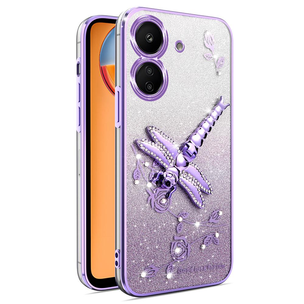 Pro Xiaomi Redmi 13C 4G/Poco C65 4G Pouzdro Vážka Stojánek TPU Květiny Třpytivý Kryt na Telefon