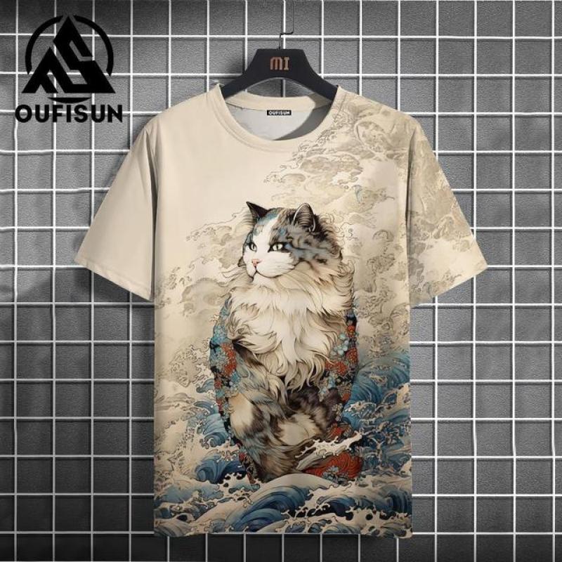 Maglietta da Uomo Stile Giapponese Ukiyo-E Motivo Gatto Magliette Stampate Casual a Maniche Corte. Top Abbigliamento da Uomo Oversize Estivo