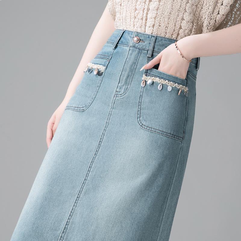 Damen Hellblauer High-Waist Jeans-A-Linien-Rock mit Schlitz - Frühjahr 2026 Mode