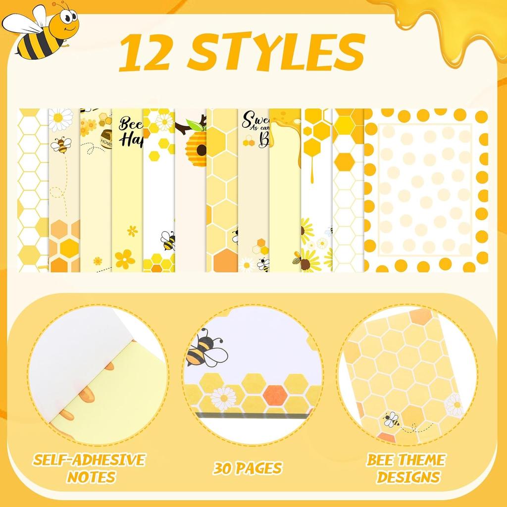 12 Pieces Bee Sticky Notes Bee Notepads Gifts 3x4 Inch Adhesive Honey Memo Notes for Women to Do List for Memo Reminder List for Office Home Supplies