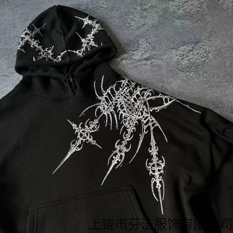 New American retro hip-hop skull front and back print hooded sweatshirt men's high street autumn/winter jacket hoodie