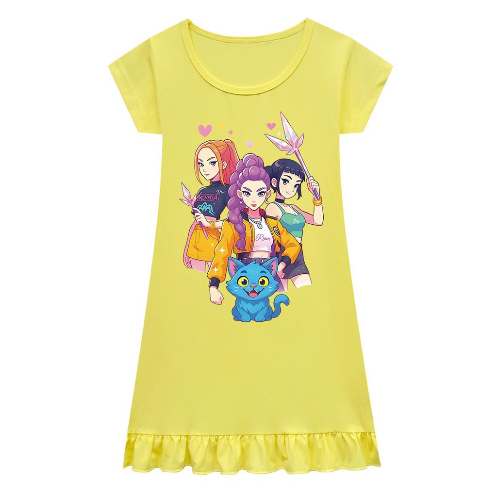 Kids Girls Anime Cartoon K-POP Rumi Zoey Mira Print Pleat Short Sleeve Casual Round Neck Dress