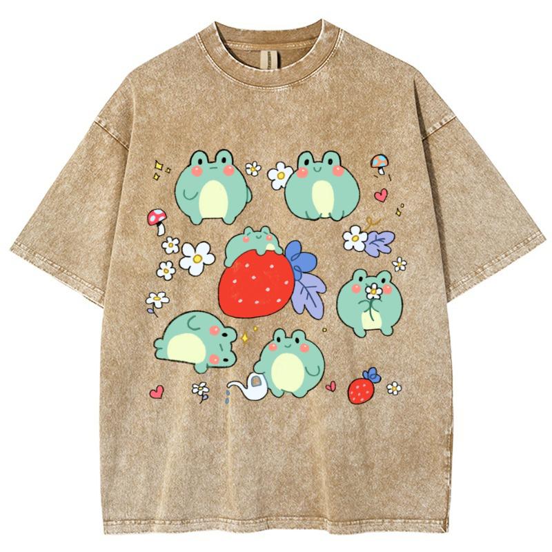 Women's Cartoon Cute Little Frog Strawberry Print T-Shirt,  Luxury Design, Short Sleeve, Washed Retro Style Top