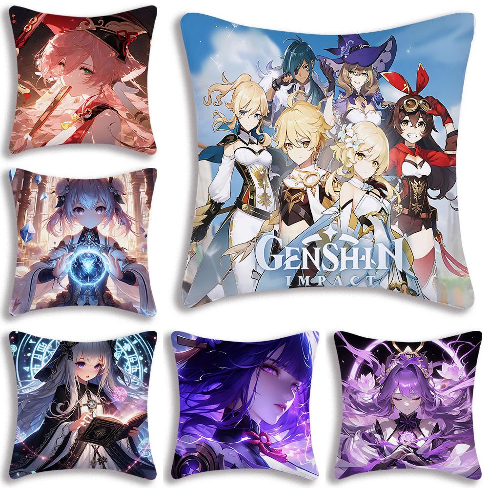 Cartoon Genshin Impact Pillow Covers Sofa Decorative Home Double-Sided Printing Short Plush Cute Cushion Cover