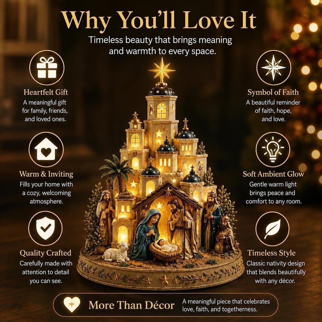 Resin Nativity Church Tower Figurine Warm LED Light Christmas Tabletop Decoration Religious Ornament Gift