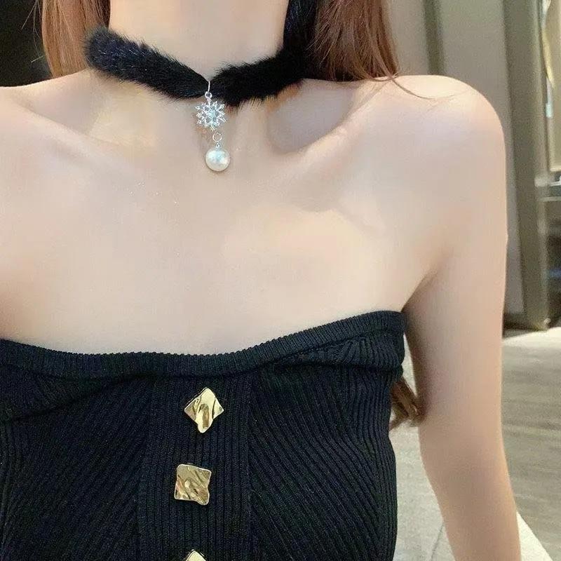 Party Club Fashion Jewelry Women Sexy Snowflake Pearl Fluffy Necklace Choker Plush Velvet Clavicle Chain Collarbone Chokers