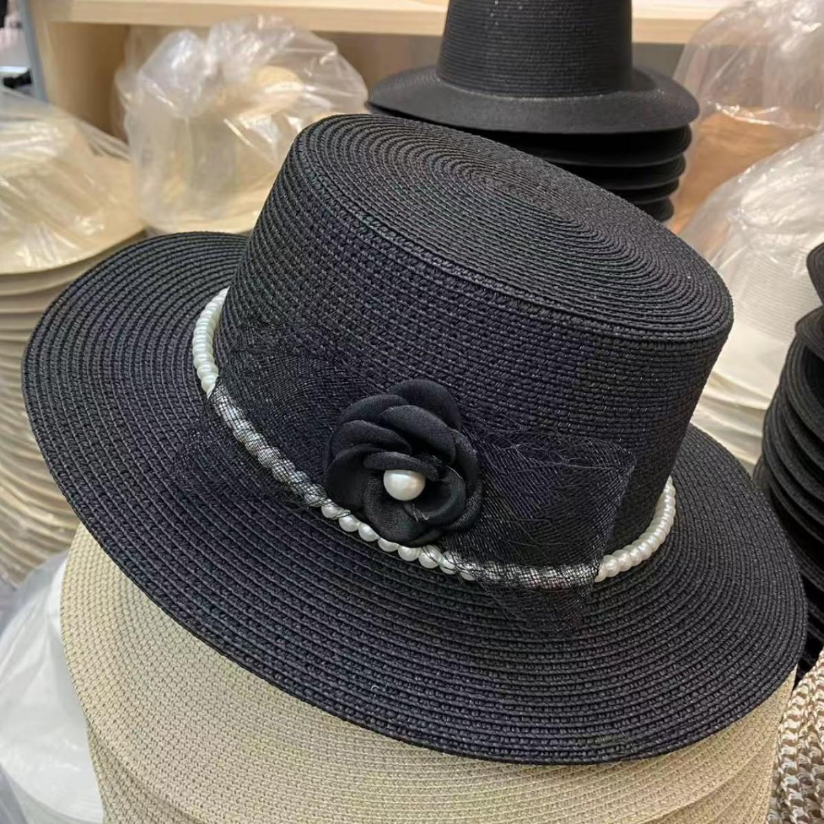

Gorro Women s Flat Top Straw Hat French Elegant Holiday Pearl Flower Straw Hat Summer Beach Sun Hat M55-58cm