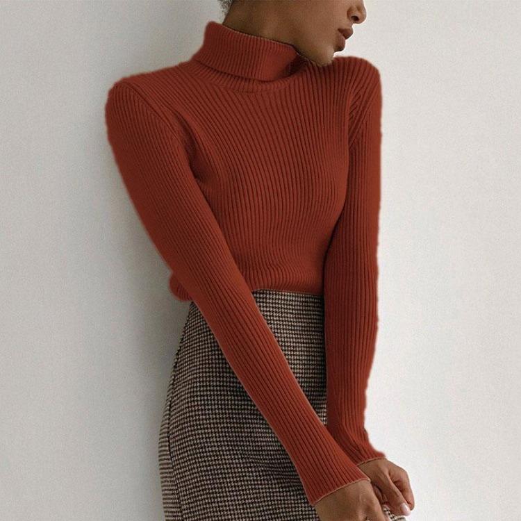 Women Autumn Winter Slim High Neck Knitted Sweater Long Sleeve Solid Color All Match Base