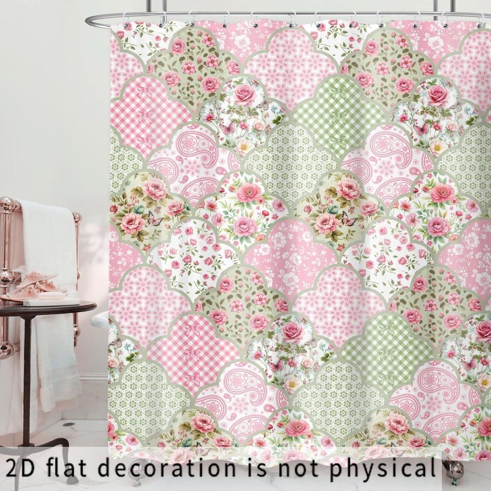 2D Flach, 2D Flach 1 Stück Boho Rosa Blumig Duschvorhang 71B x 71H Zoll Bohemian Vintage Niedlich Grün Rosa Kariert Patchwork Blume
