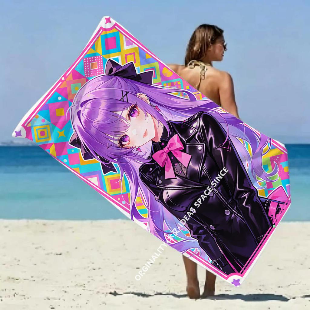 Y2K Purple Anime Girl Beach Towel Patterned Sunscreen And Windproof Suitable For Swimming Pool Camping Travel Blanket