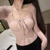 Solid Color Sweet Slim Tops Square Neck Lace Up T-shirt All-Match Long Sleeve T-shirt  Women