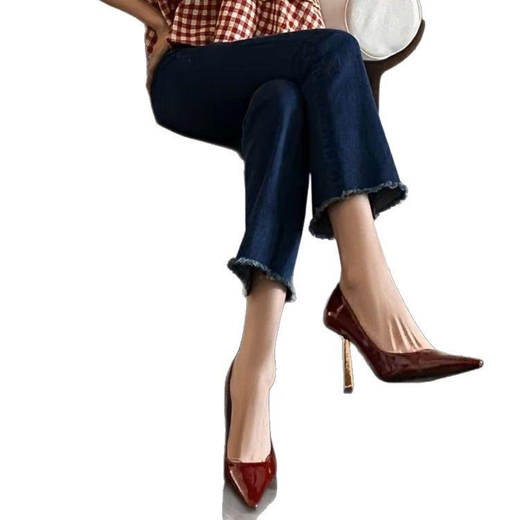 Poplar forest same triangular gold heel burgundy temperament shallow mouth single shoes women's patent leather thin heel pointed imperial sister high