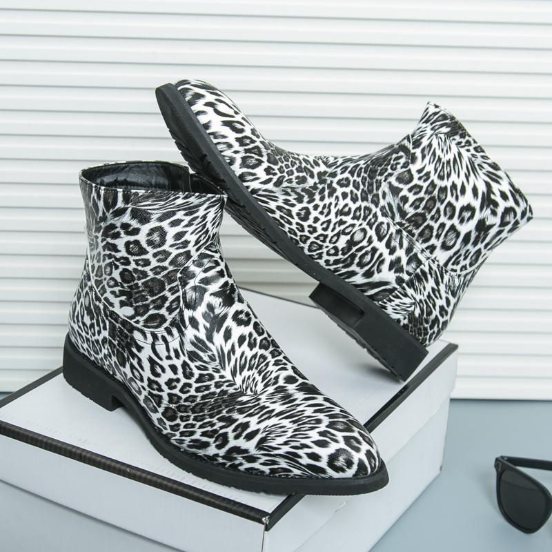 Men’s Leopard Print Boots Dress Formal Leather Boots Pointed Toe Shoes Tuxedo Wedding Shoes Plus Size