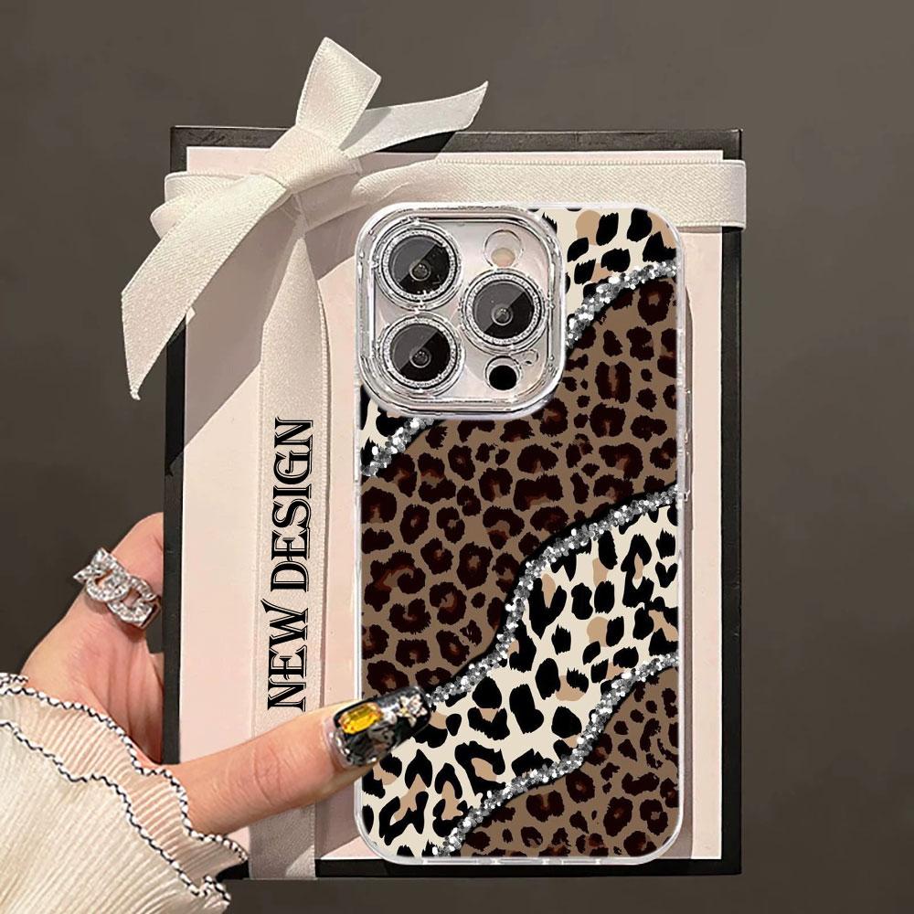 Glitter Leopard Print Printed Glacier Texture Case For iPhone 17 Air 16 15 14 13 12 11 Pro Max 8 Plus Glass Lens Protector Cover