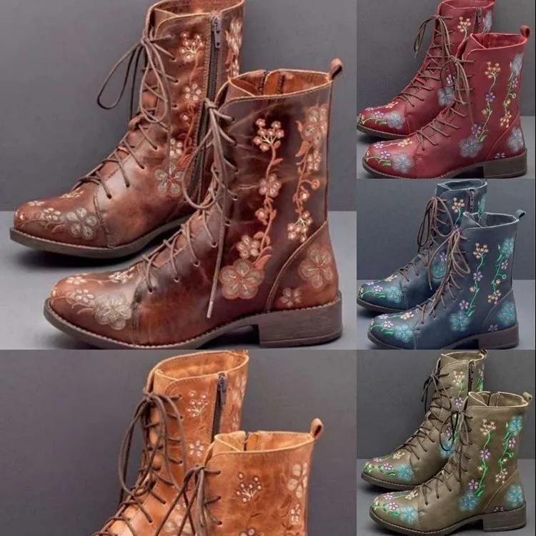 Fashion Woman Ankle Boots Embroidery Big Size 43 Flower Boots 2025 Women Autumn Winter Lace Up PU Leather Female Footwear Ladies Shoes