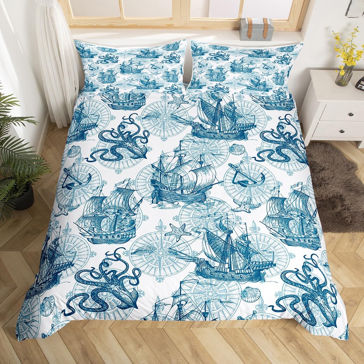 

Coastal Duvet Cover Set Twin Queen Nautical Beach Bedding Set For Young Child Cartoon Starfish Seaweed Seashell Comforter Cover EU Single(135*200cm)3pcs
