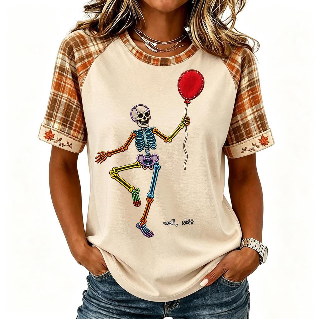 Women's Halloween Short Sleeve T-Shirt Neck Raglan Print Top