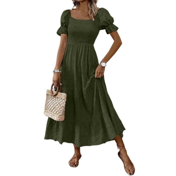 Women S Square Neck Puff Sleeve Maxi Dress Smocked Bodice Tiered Skirt with Pockets for Casual Wear
