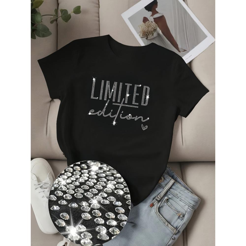 Summer Fashion Sparkling Glitter Rhinestone T-Shirt Short Sleeve Top Shiny Bling Women's Casual Wear