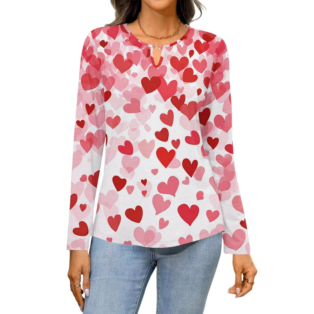 Women's Casual Round Neck Hollow,out Pullover Long Sleeve Valentine's Day Heart Print T,shirt Top