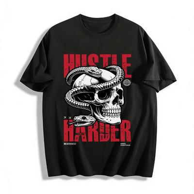 Vintage Totenkopf Doppel Schlangenprint T-Shirt Hustle Harder Streetwear Oberteil Reines Baumwoll-T-Shirt