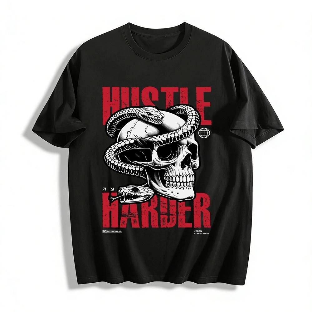 Vintage Skull Double Snake Print T-Shirt Hustle Harder Streetwear Top Pure cotton T-shirt XXS