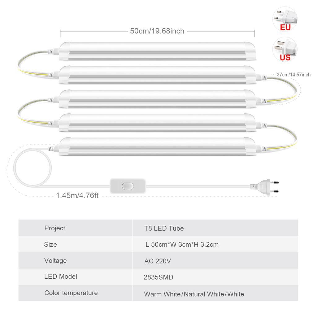 T8 LED-Lichtleiste 220V Aluminium-Lampenrohr mit EU-Stecker Schalter, 25W 50cm, Einkaufszentrum Hotel Wand Decke Hohe Helligkeit Beleuchtung