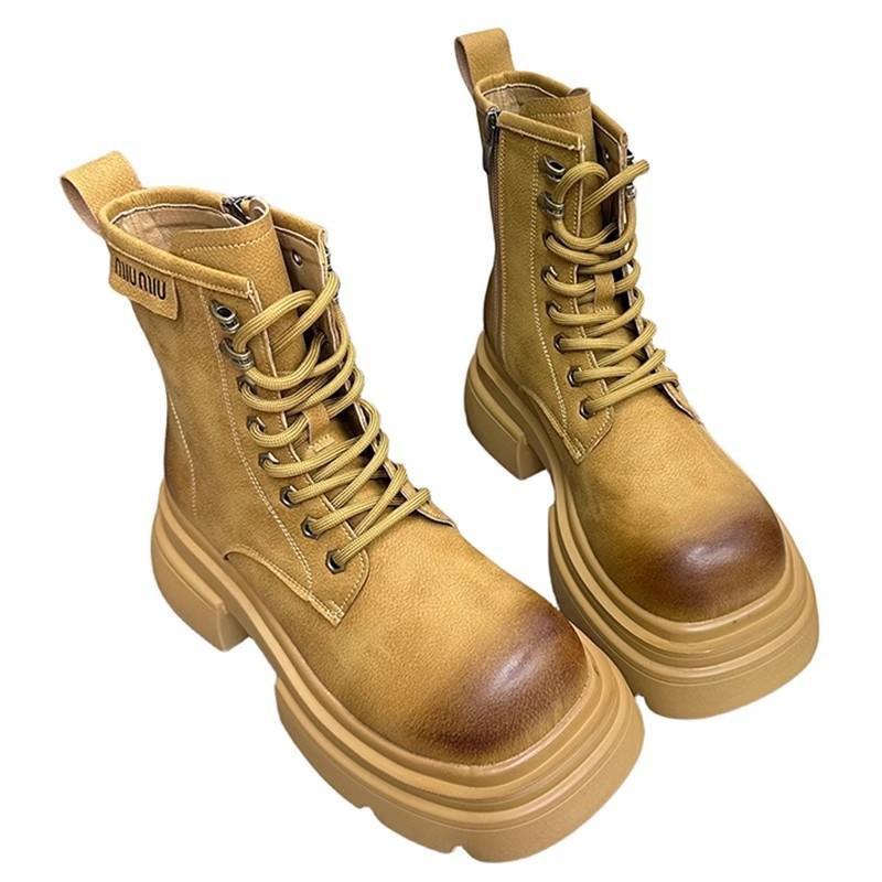 Thick-soled Thick-heeled Heightened Martin Boots Women's 2024 Autumn New Lace-up Retro Versatile Short Boots Flip-top Rhubarb Boots