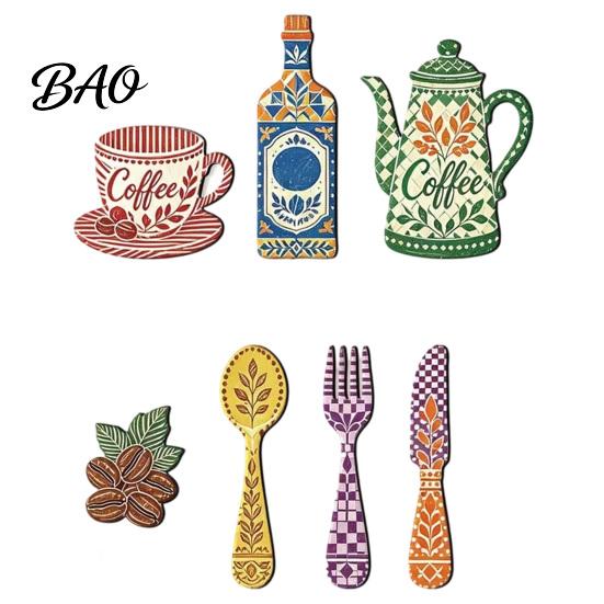Wooden Wall Ornaments 7Pcs Coffee Themed Decor, 2D Flat Farmhouse Kitchen Art Plaques, Country Style for Dining Room Cafe Home Decoration Customizable