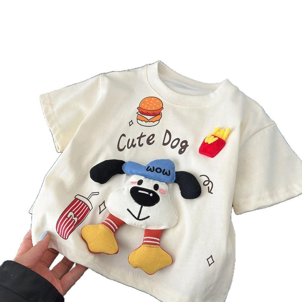 3D Plush Dog Print Kids Loose Fit Short Sleeve T Shirt Summer Cartoon Top