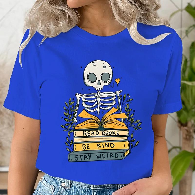 Read Books De Kind Stay Weird Tshirts Women Retro Skull Skeleton Tshirt Short Sleeve Oneck Shirt Bookworm Book Lover T Shirt