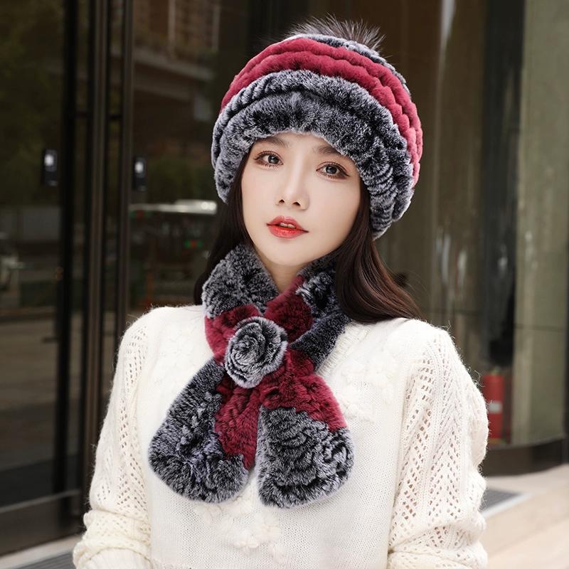 Fur Hat Female Autumn and Winter Rex Rabbit Hair Warm Ear Protection Scarf Two-piece Set Middle-aged and Elderly Grandma Casual Mother Hat