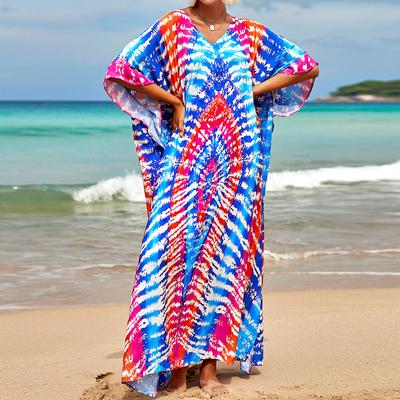 Women's Boho Cover Up, Plus Size Contrast Loose Fit Vacay Beach Kaftan Dress