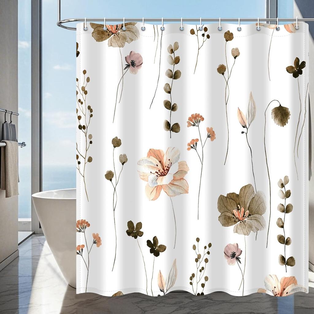 Shower Curtain Watercolor Flower Shower Curtain Sets - Spring Burnt-Orange Floral Plant Shower Curtains for Bathroom