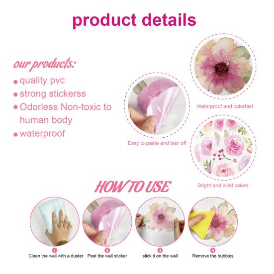 4 Sheets Flowers Wall Decals Watercolor Peony Floral Leaves Wall Stickers Peel And Stick Wall Decor for Girls Bedroom Nursery Classroom Living Room