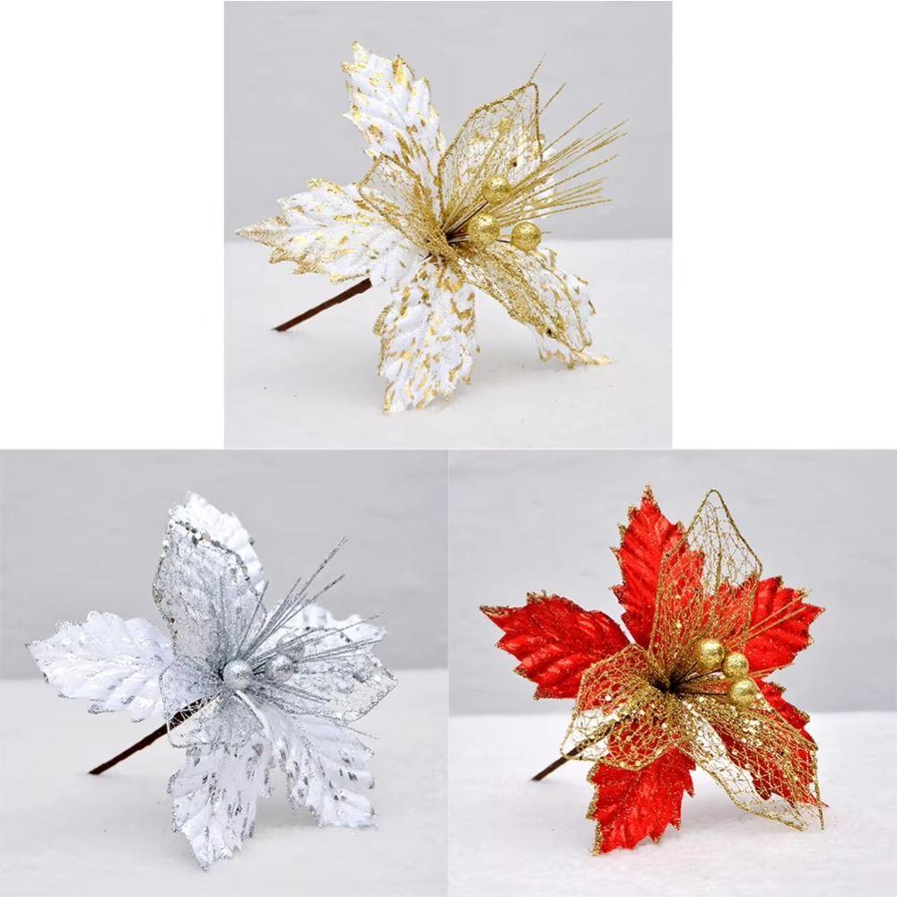 Fabric Plastic Fake Flower 22cm Xmas Tree Decorations Christmas Artificial Flowers New Year