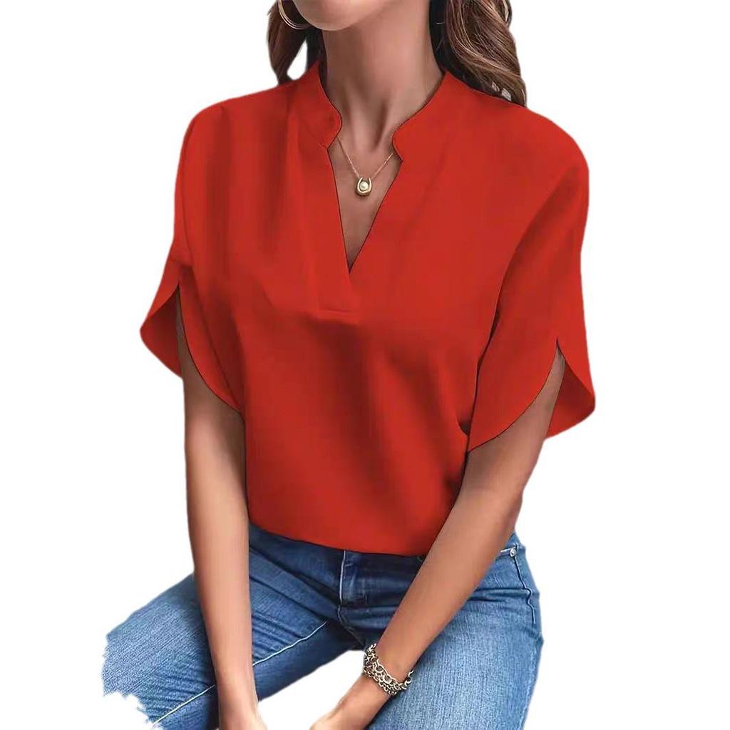 2024 Summer Fashion Women's V-neck Loose Solid Color Casual Top