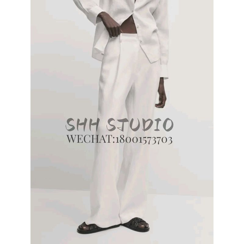 MD Spring New Women's Leisure Commute Draping Effect Plaid Linen Blended Straight-Leg Wide-Leg Pants 5072770