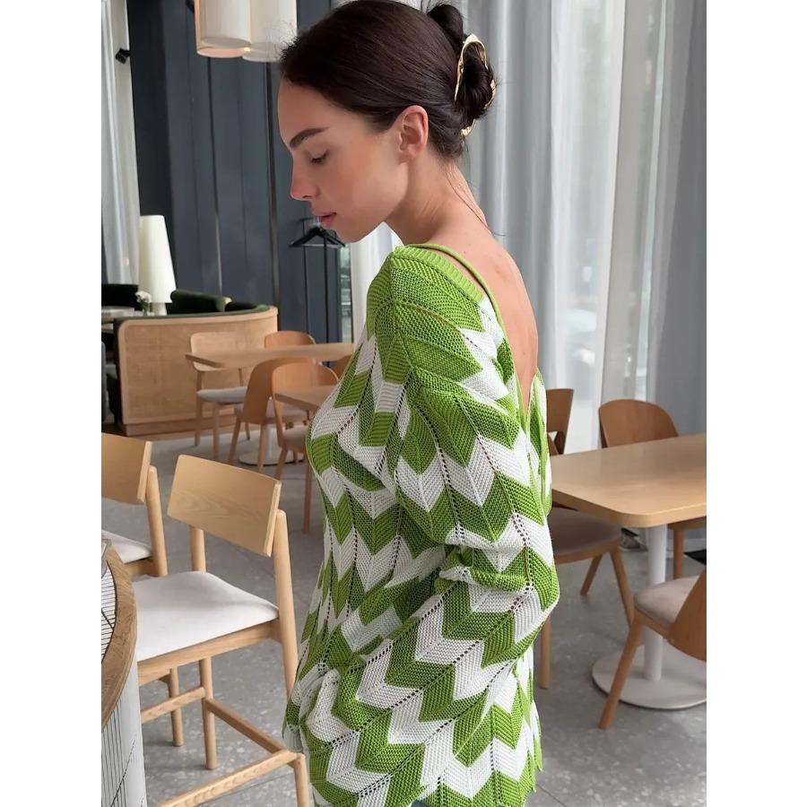 Back Hollow Women's Crew Neck Long Sleeve Knitted Sweater Autumn and Winter