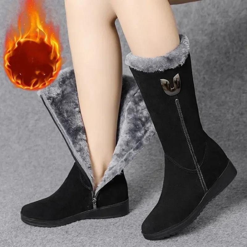 Warm Chelsea High Fur Boots Women 2025 Winter Shoes for Women Chunky Mid-calf Plush Snow Flat Boots ZIP Fashion
