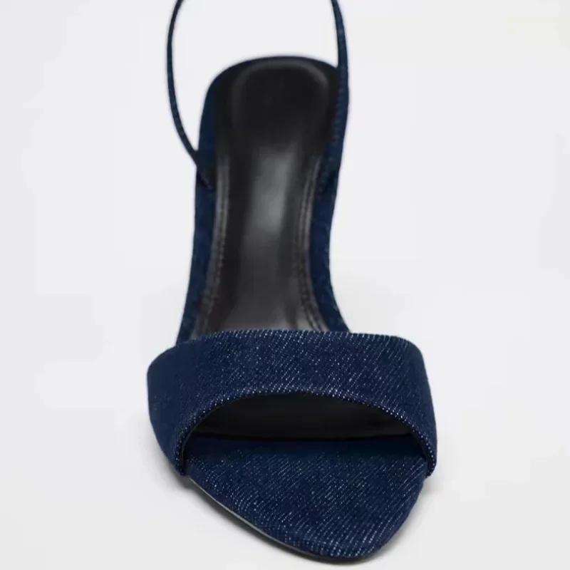 Fashion Denim Blue Thin Heeled Sandals Women Sexy Peep Toe Ankle Strap Buckle High Heels Summer Elegant Pumps Comfort Casual Sandalias